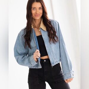 Blank NYC Coffee Run Light Blue Denim Jacket with Tan Collar NWOT Size:Small